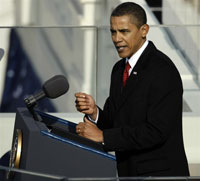 Le président des Etats-Unis Barack Obama lors de son discours d'inverstiture à Washington, le 20 janvier 2009. (Photo RFI)