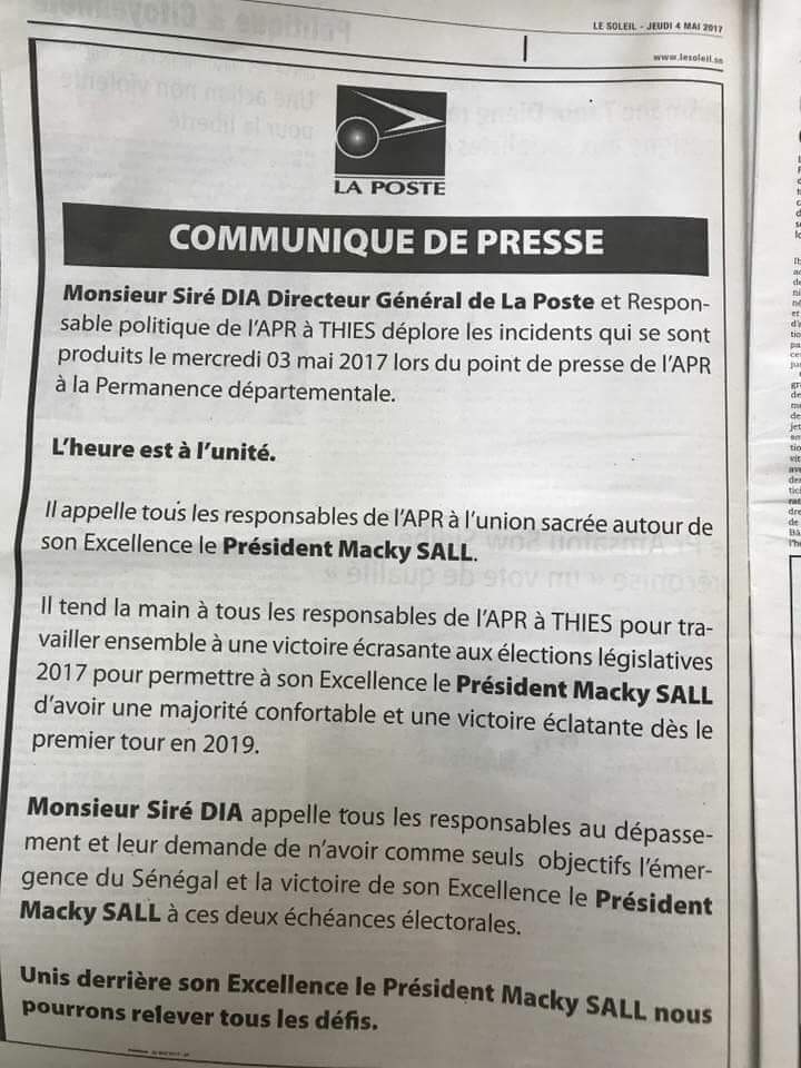 Voici le communiqué controversé du Dg de la Poste Ciré Dia qui fait polémique