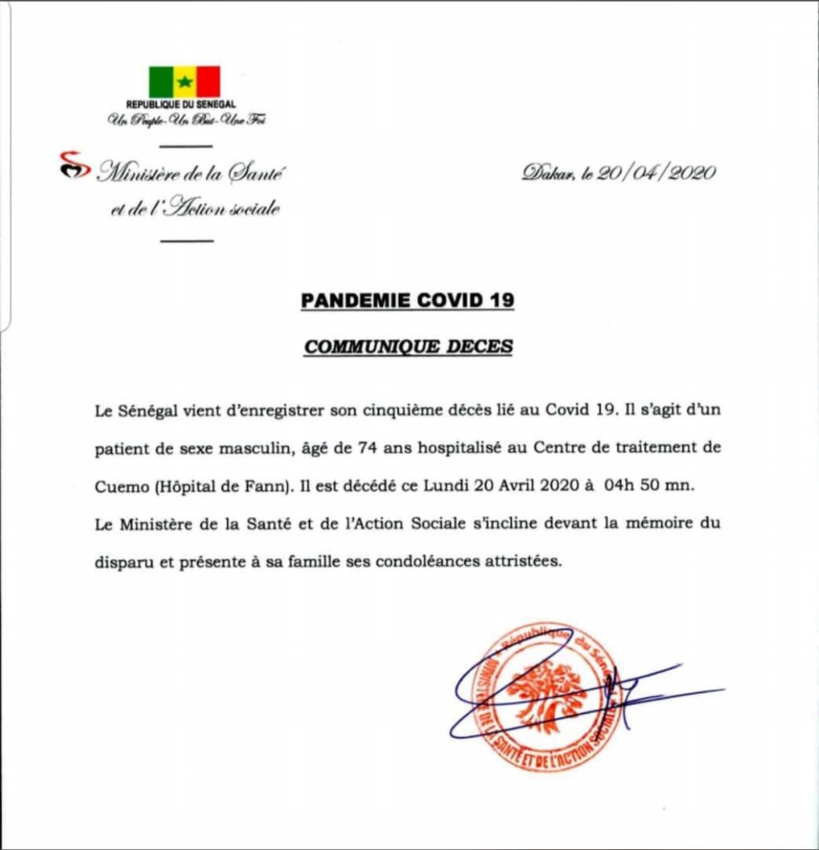 Urgent #COVID19 : un cinquième décès vient d'être enregistré au Sénégal