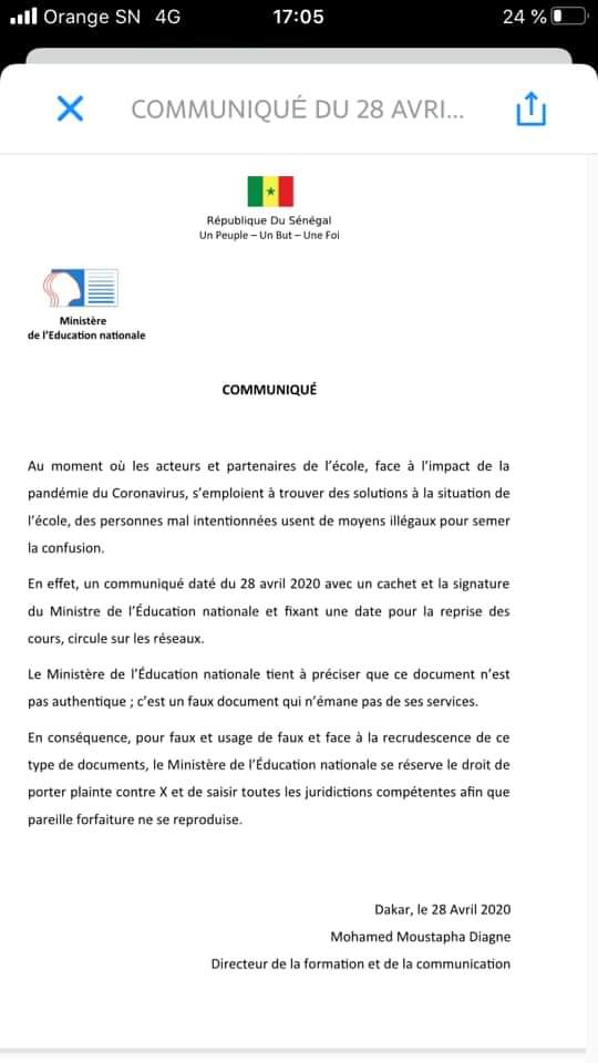 Le ministère de l’Education nationale annonce une plainte contre l’auteur du Faux communiqué annonçant la reprise des cours le 04 mai