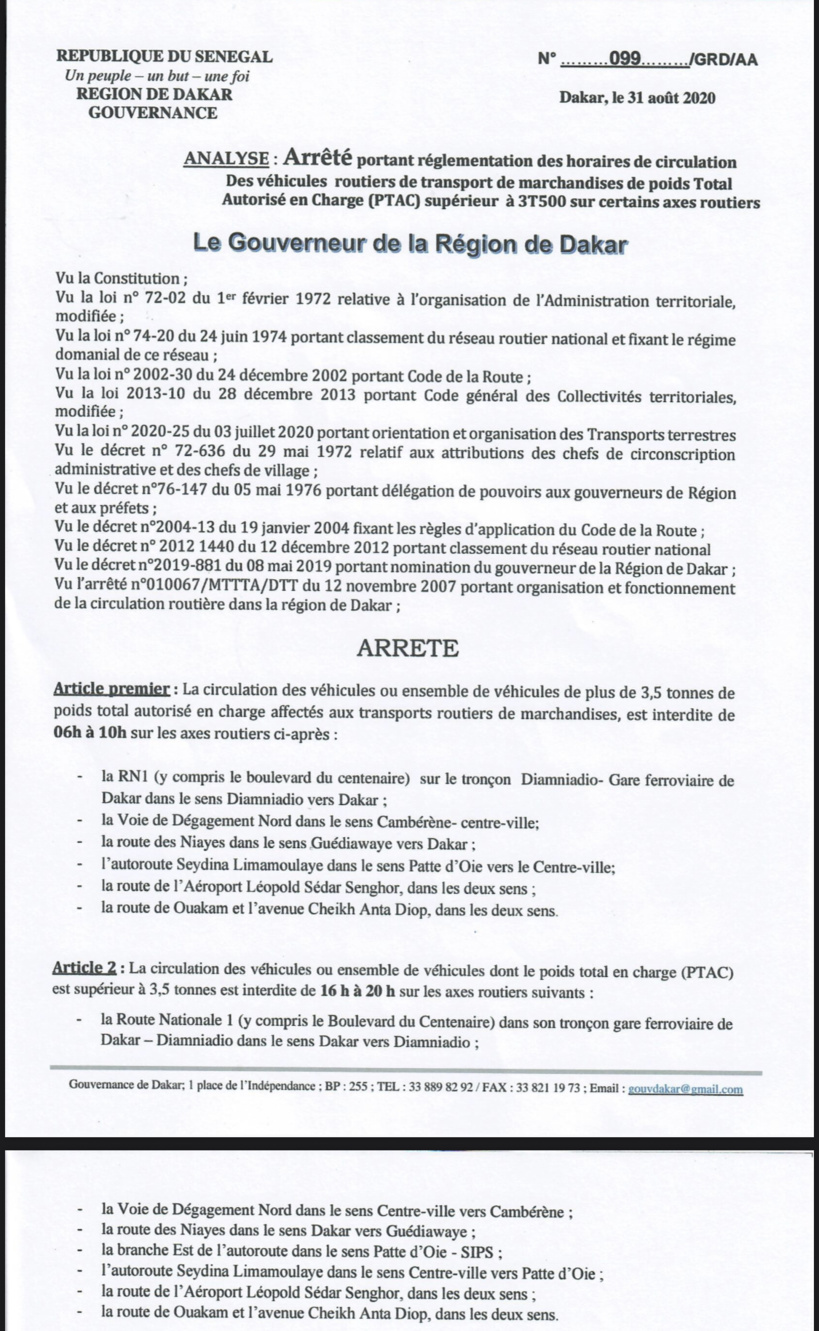 Le Gouverneur de Dakar brandit un arrêté pour réglementer la circulation des gros porteurs