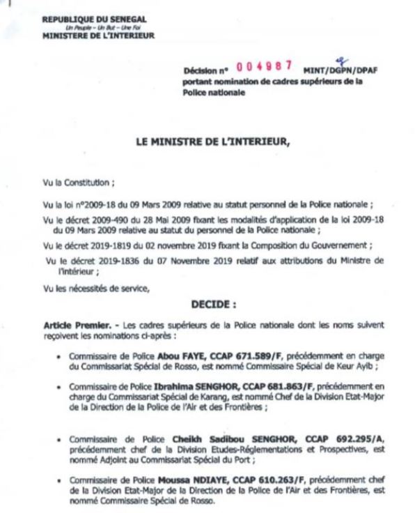 Le Commissaire Ibrahima Senghor nommé Chef de la Division Etat-major de la Police de l’Air et des frontières