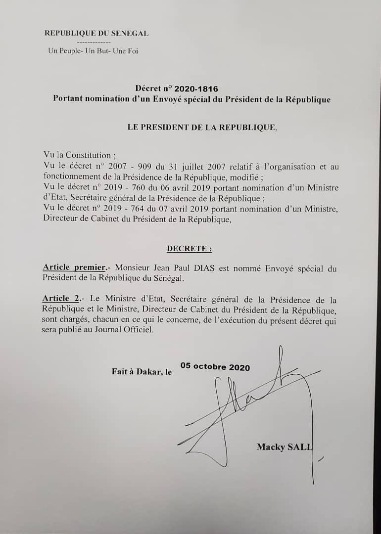 Jean Paul Dias nommé Envoyé spécial du Président