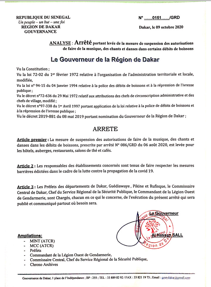 Le gouverneur de Dakar lève la suspension des autorisations de faire de la musique, des chants et danses dans les hôtels.....