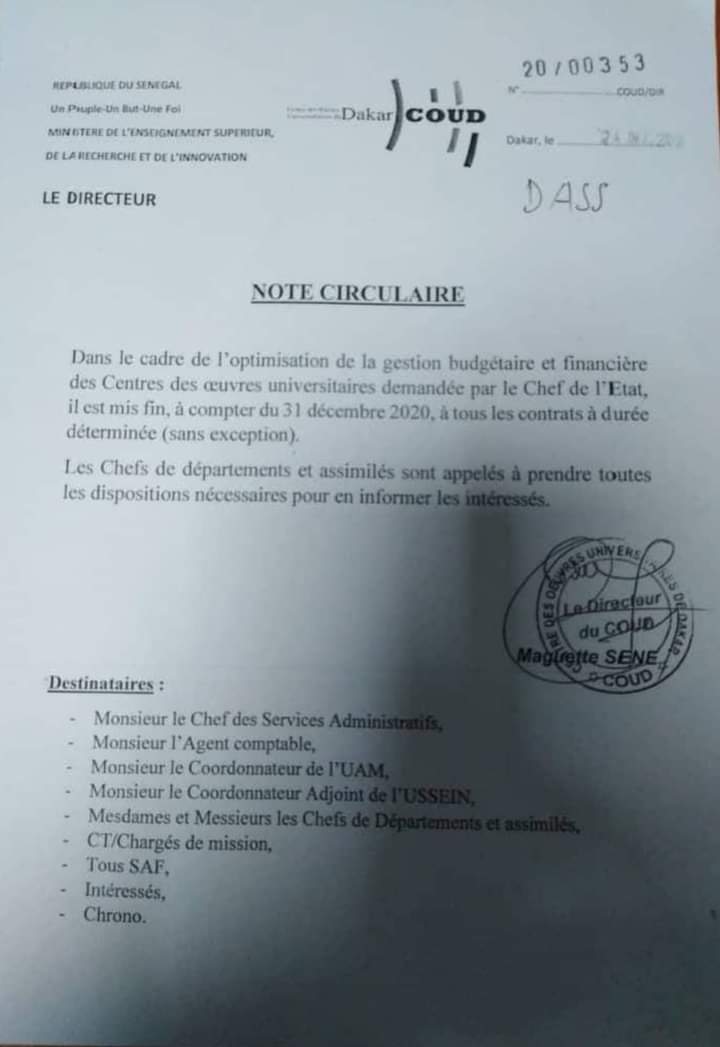 Le nouveau Dg de Coud met fin à tous les contrats à durée déterminée 