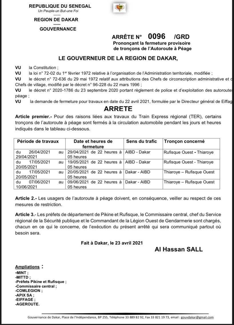 Travaux du TER: le Gouverneur de Dakar sort un arrêté pour divulguer les jours et heures de fermeture de l’autoroute à péage 