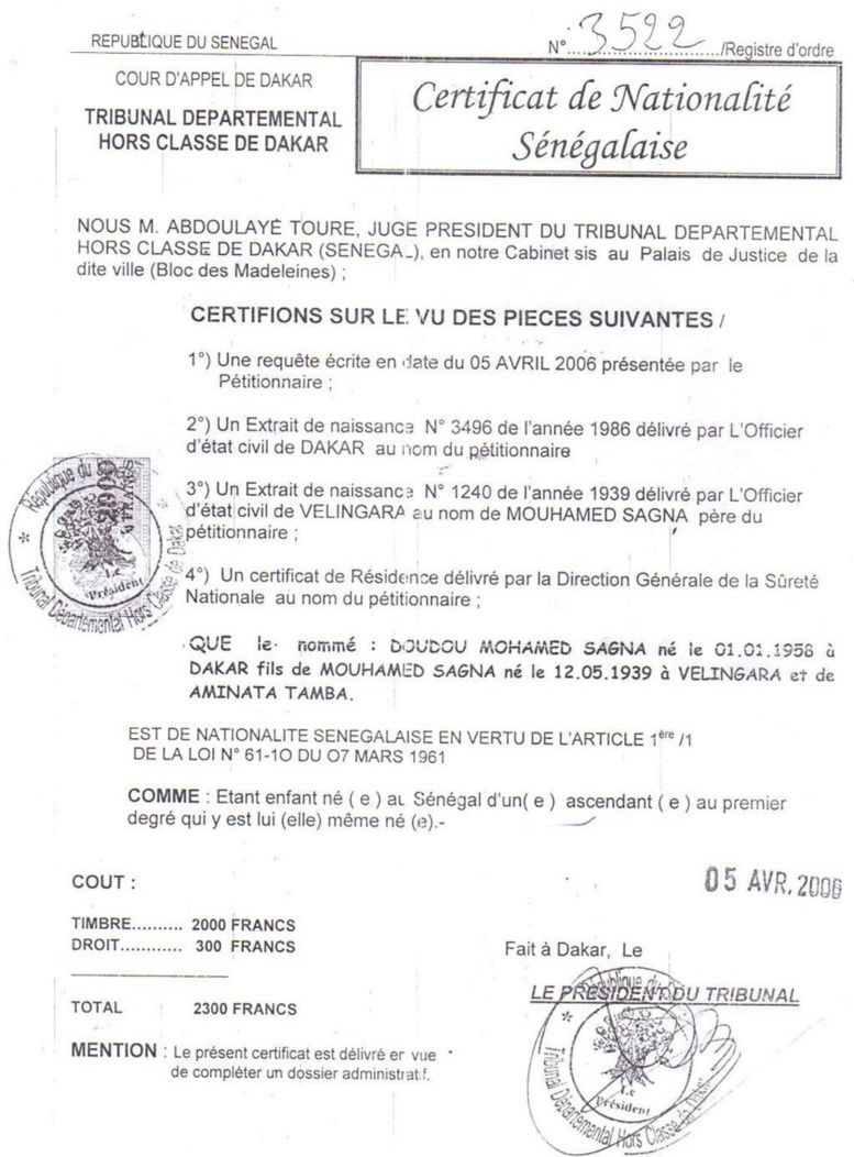 Nationalité de Koukoy Samba Sagna : la carte d’identité qui contredit Abdoul Mbaye (certificat de nationalité en pièce jointe)