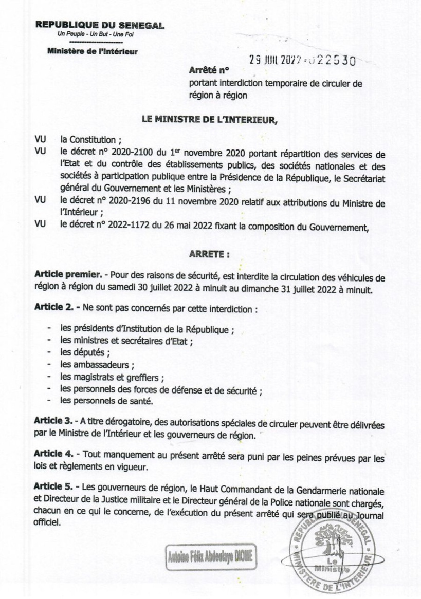 Législatives du 31 juillet: Interdiction de circuler de région à région de samedi minuit à dimanche minuit