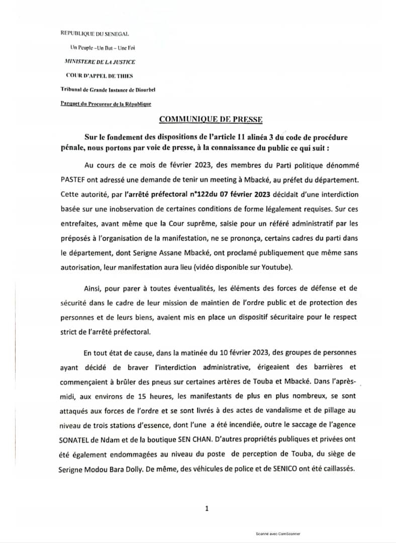 Manifestations de Mbacké: le Procureur de Diourbel annonce une information judiciaire pour 69 militants de Pastef arrêtés