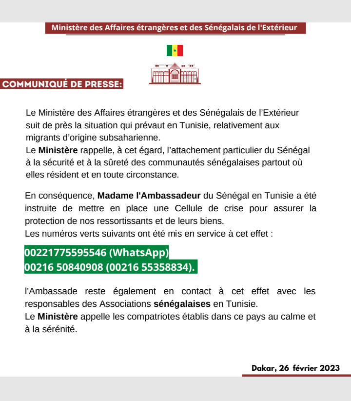 Situation en Tunisie :  une cellule de crise installée et des numéros verts mis à la disposition des Sénégalais