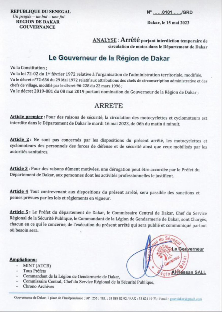Procès Sonko-Adji Sarr:  le gouverneur de Dakar interdit encore la circulation des motos