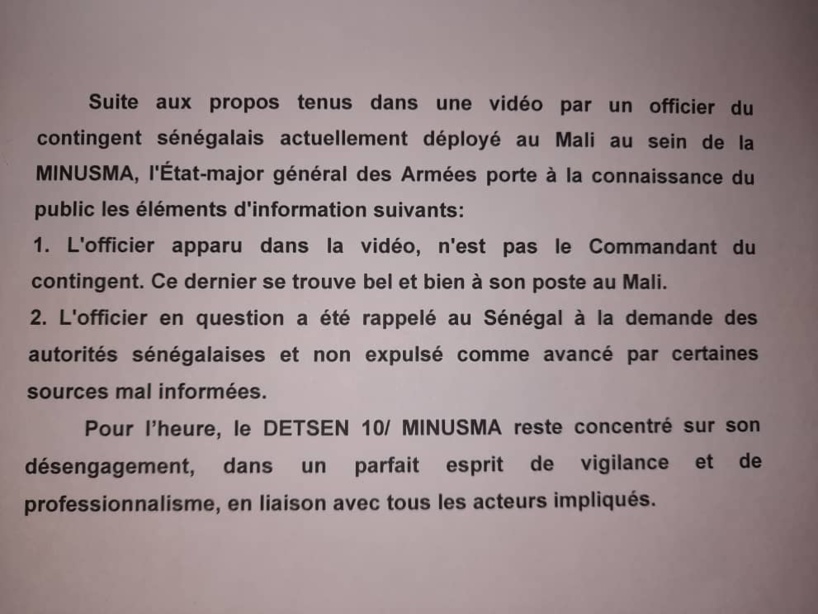 Rumeurs sur l'expulsion d'un officier sénégalais du Mali : Les précisions de L'État-major général des Armées