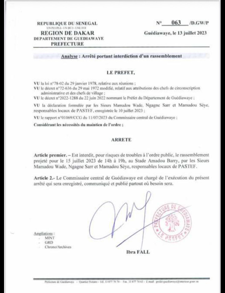 Le Préfet de Guediawaye interdit l'investiture de Sonko au stade Amadou Barry