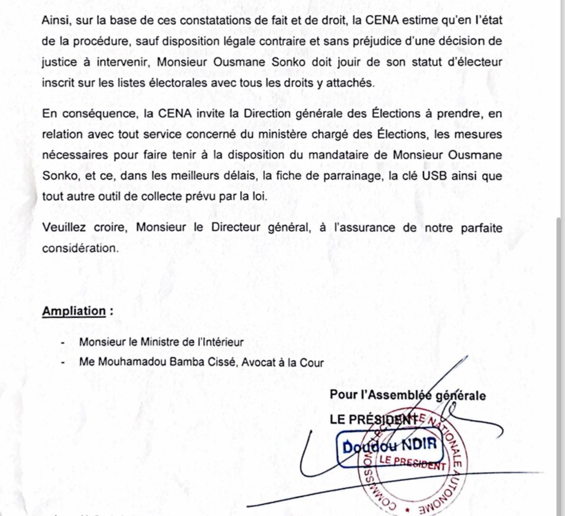 Urgent - La CENA demande à la DGE de remettre à Ousmane Sonko les fiches de parrainages