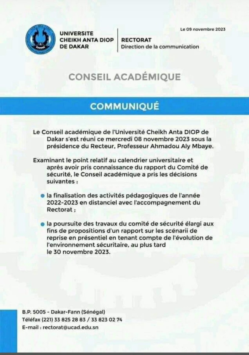 Le Conseil académique de l'Ucad prolonge la date des cours à distanciel 