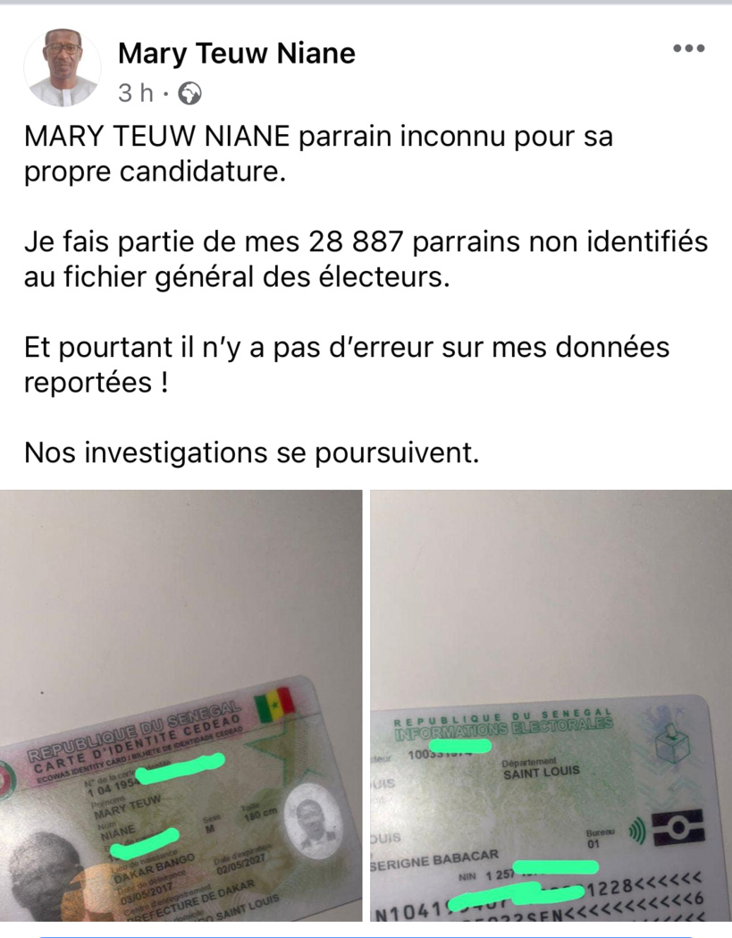 Présidentielle 2024: Mary Teuw Niane, deuxième candidat « non-identifié » sur le Fichier électoral