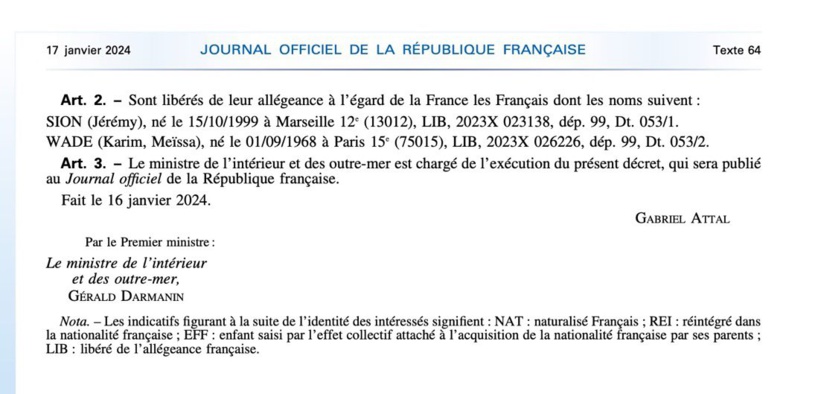 Karim Wade a perdu hier sa nationalité française par décret du Premier ministre publié ce mercredi au Journal officiel 