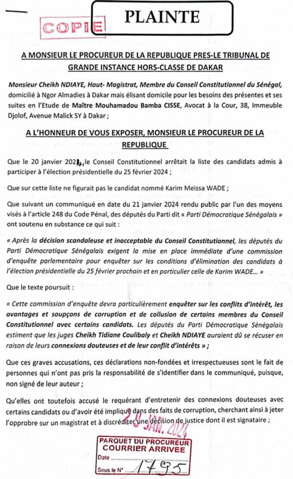 Soupçons de corruption : le juge Cheikh Ndiaye du Conseil constitutionnel cité par le Pds porte plainte