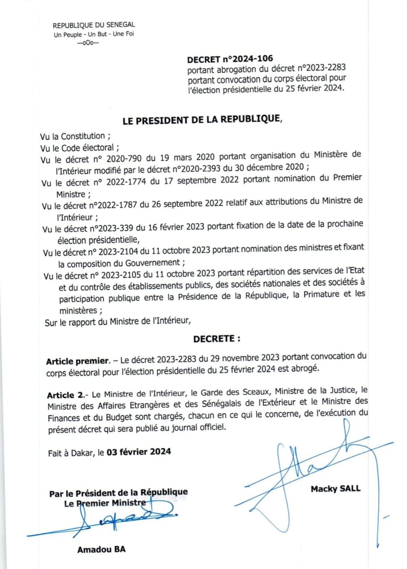 Le décret portant convocation du corps électoral pour la présidentielle 2024 abrogé par Macky Sall rendu public (Document) 