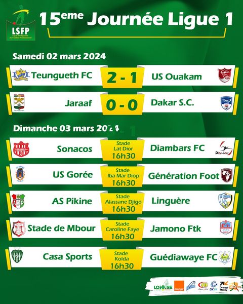 Ligue 1 (15e journée) : Teungueth FC remporte le derby Lebou, le Jaraaf enregistre son dixième match nul de la saison