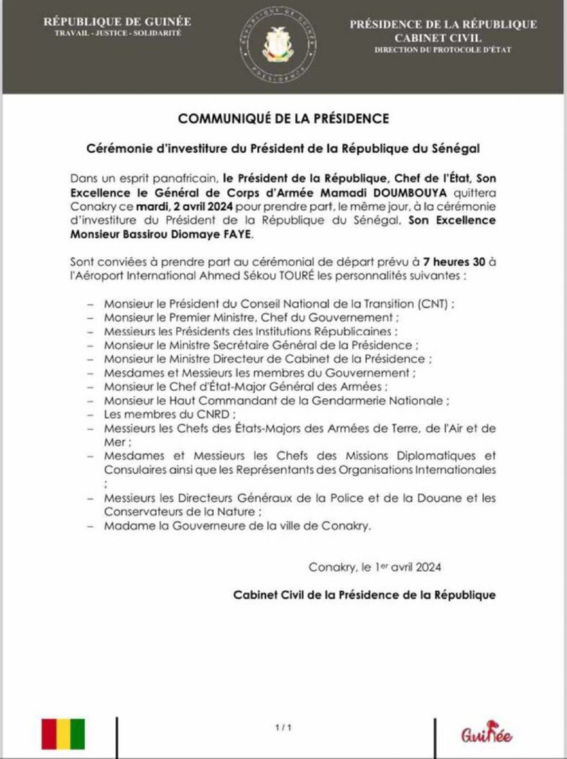 Investiture du Président Diomaye Faye : le Général Mamadi Doumbouya annoncé à Dakar