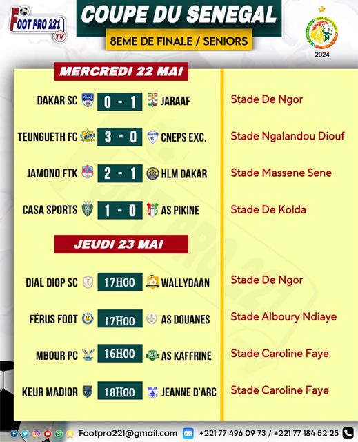 Coupe du Sénégal : Jaraaf, Teungueth FC, Casa Sports et Jamono Fatick qualifiés pour les quarts de finale