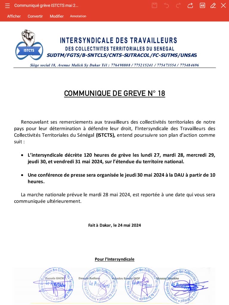 L'Intersyndicale des travailleurs des collectivités territoriales du Sénégal décrète une grève de cinq (5) jours à partir de ce lundi 