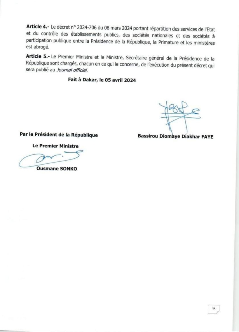 Le Président Diomaye publie le décret portant répartition des services de l’Etat et du contrôle des établissements publics