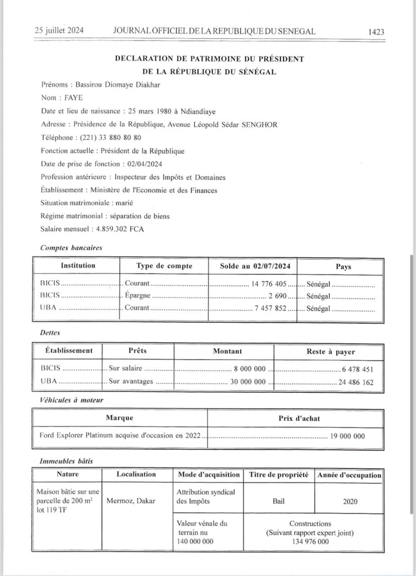 Le Conseil constitutionnel publie la déclaration de patrimoine du Président Bassirou Diomaye Faye 