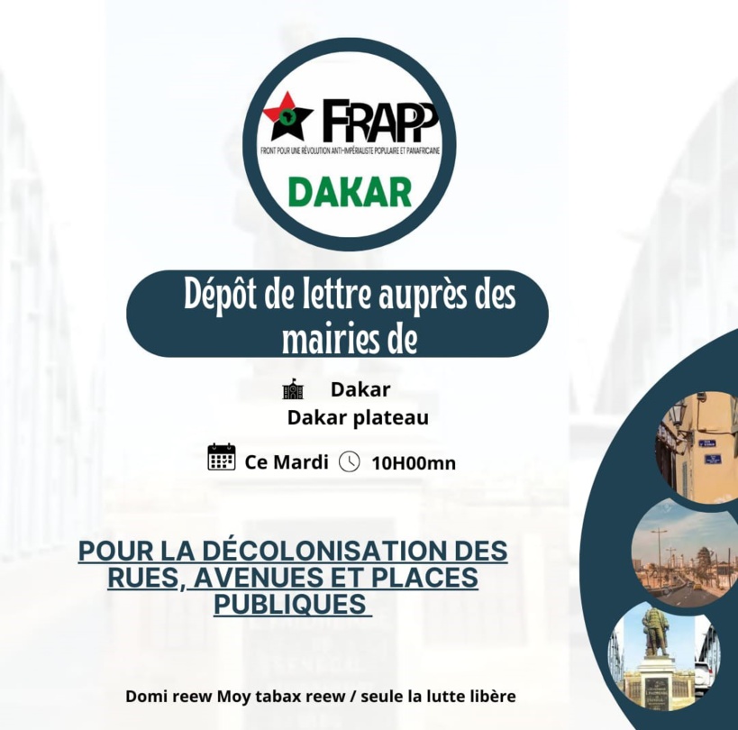 « Décolonisation des rues, avenues et places publiques » de Dakar : Frapp entame les démarches demain