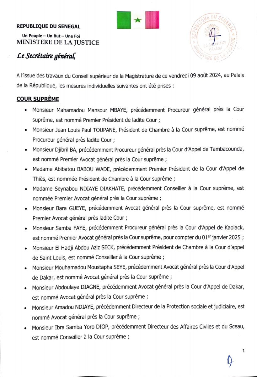 Conseil supérieur de la magistrature : Mamadou Mansour Mbaye nouveau Président de la Cour Suprême