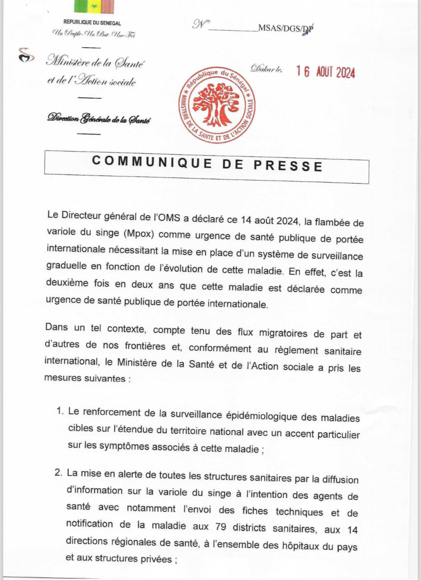 Flambée de la variole du singe : le Sénégal renforce ses mesures de surveillance