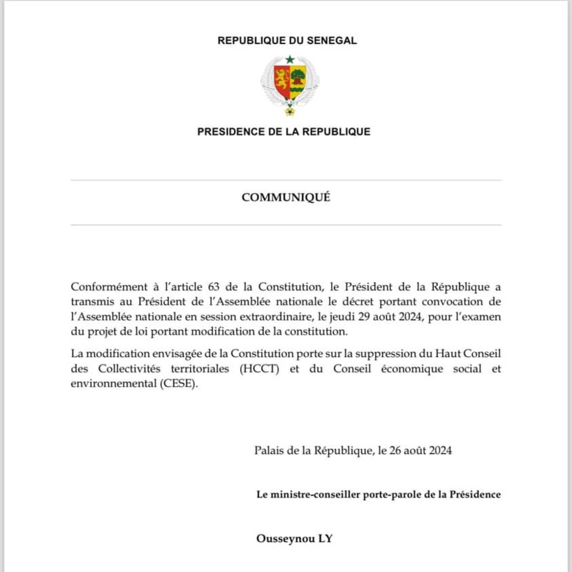 Dissolution du HCCT et CESE : Président Diomaye convoque l'Assemblée nationale en session extraordinaire jeudi prochain