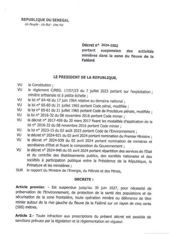 Suspension des activités minières dans la zone du fleuve de la Falémé : le décret présidentiel