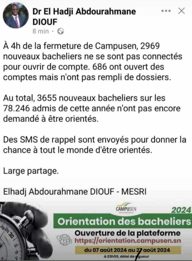 Campusen : "3655 nouveaux bacheliers sur les 78 246 admis de cette année n'ont pas encore demandé d'être orientés" (ministre)