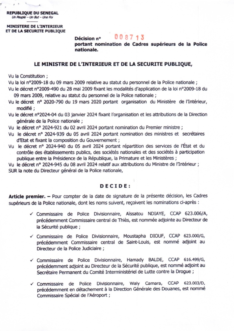 Ministère de l'Intérieur et de la Sécurité publique : décision portant nomination de cadres supérieurs de la Police nationale (document)