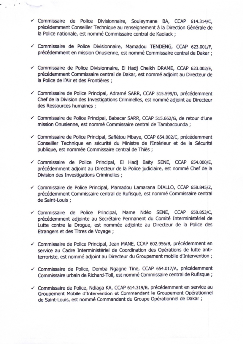 Ministère de l'Intérieur et de la Sécurité publique : décision portant nomination de cadres supérieurs de la Police nationale (document)