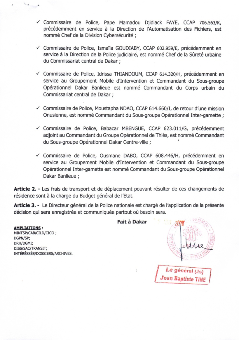 Ministère de l'Intérieur et de la Sécurité publique : décision portant nomination de cadres supérieurs de la Police nationale (document)