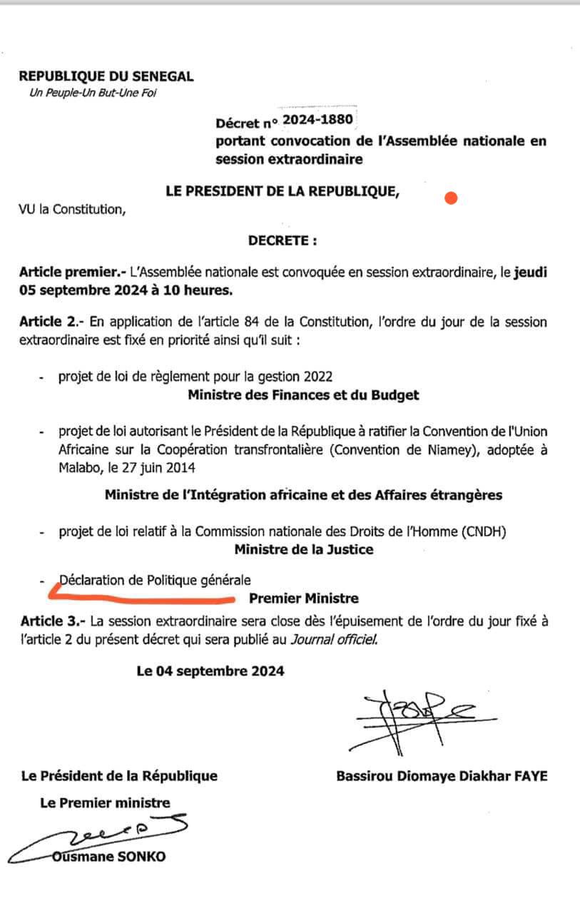 Assemblée nationale : Diomaye publie le décret convoquant les parlementaires en session extraordinaire