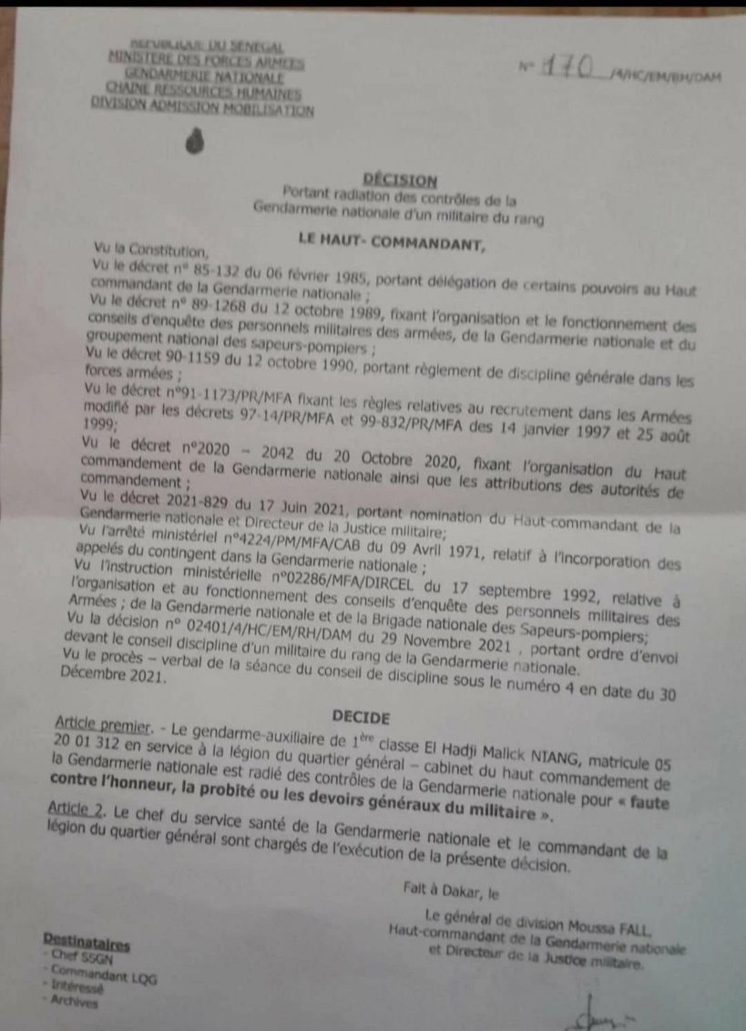 Radié de la gendarmerie, EL H Malick NIANG adresse une lettre ouverte au PM Ousmane Sonko