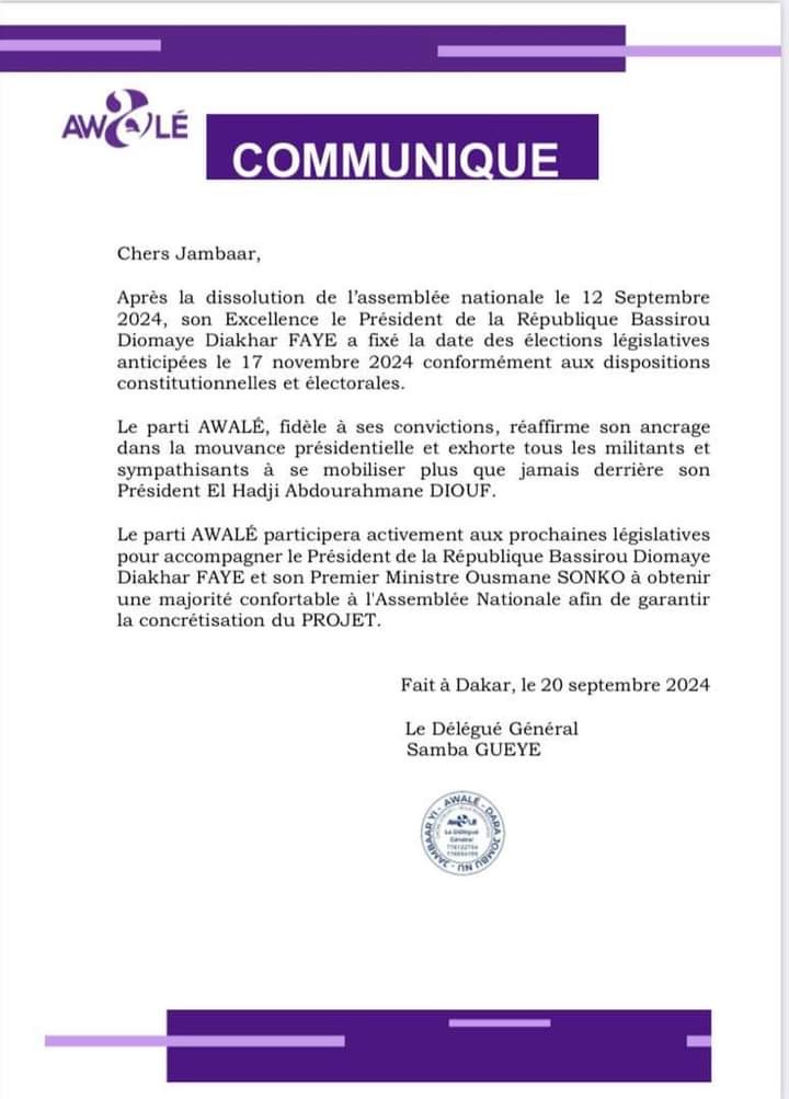 Législatives anticipées : le parti AWALE réaffirme son soutien à la coalition présidentielle