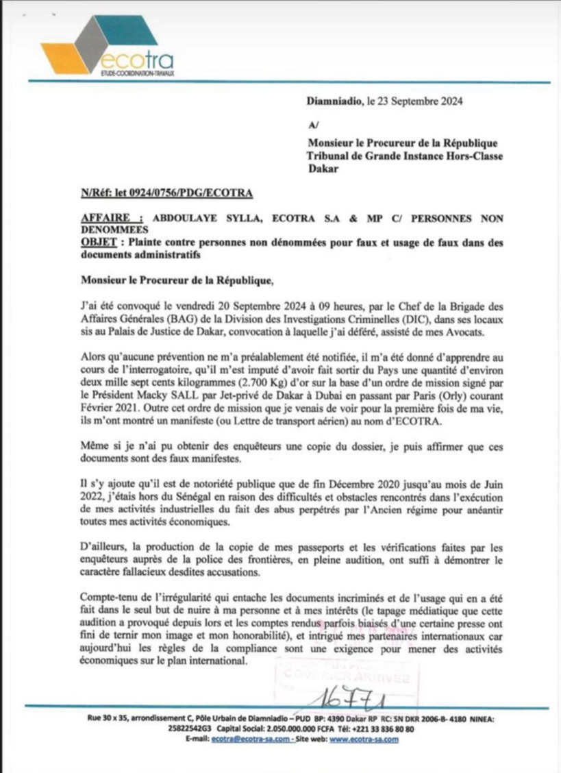 Affaire des 2700 kg d’or : Abdoulaye Sylla porte plainte pour « faux et usage de faux dans des documents administratifs »