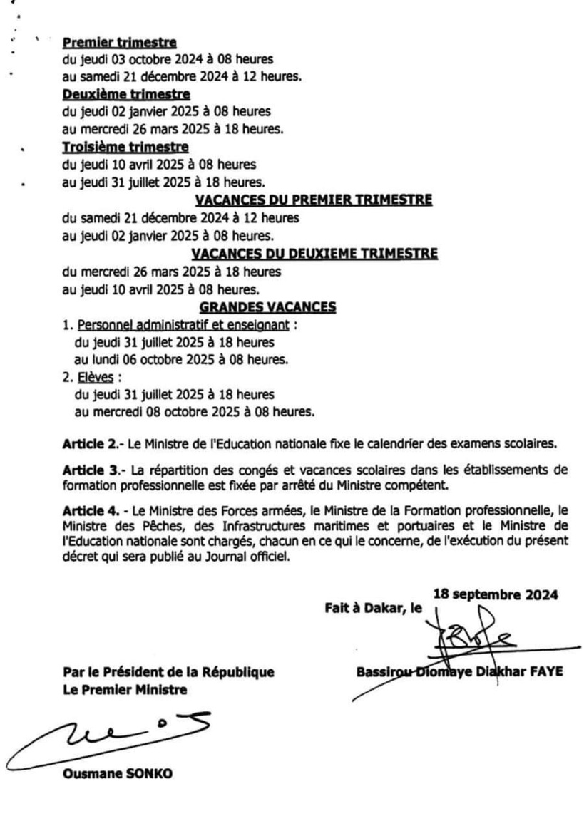 Sénégal: l'année scolaire démarre le 3 octobre 2024 et se termine le 31 juillet 2025 (décret)