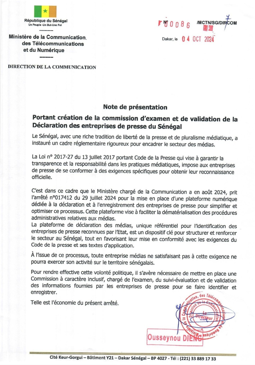 Urgent : publication de la Commission d'examen et de validation de la déclaration des entreprises de presse du Sénégal