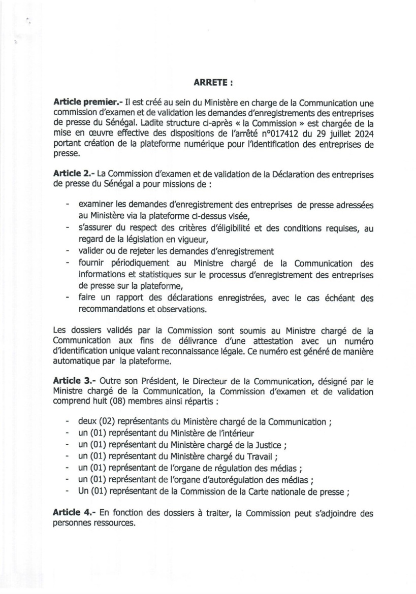 Urgent : publication de la Commission d'examen et de validation de la déclaration des entreprises de presse du Sénégal