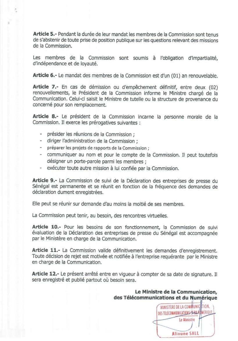 Urgent : publication de la Commission d'examen et de validation de la déclaration des entreprises de presse du Sénégal