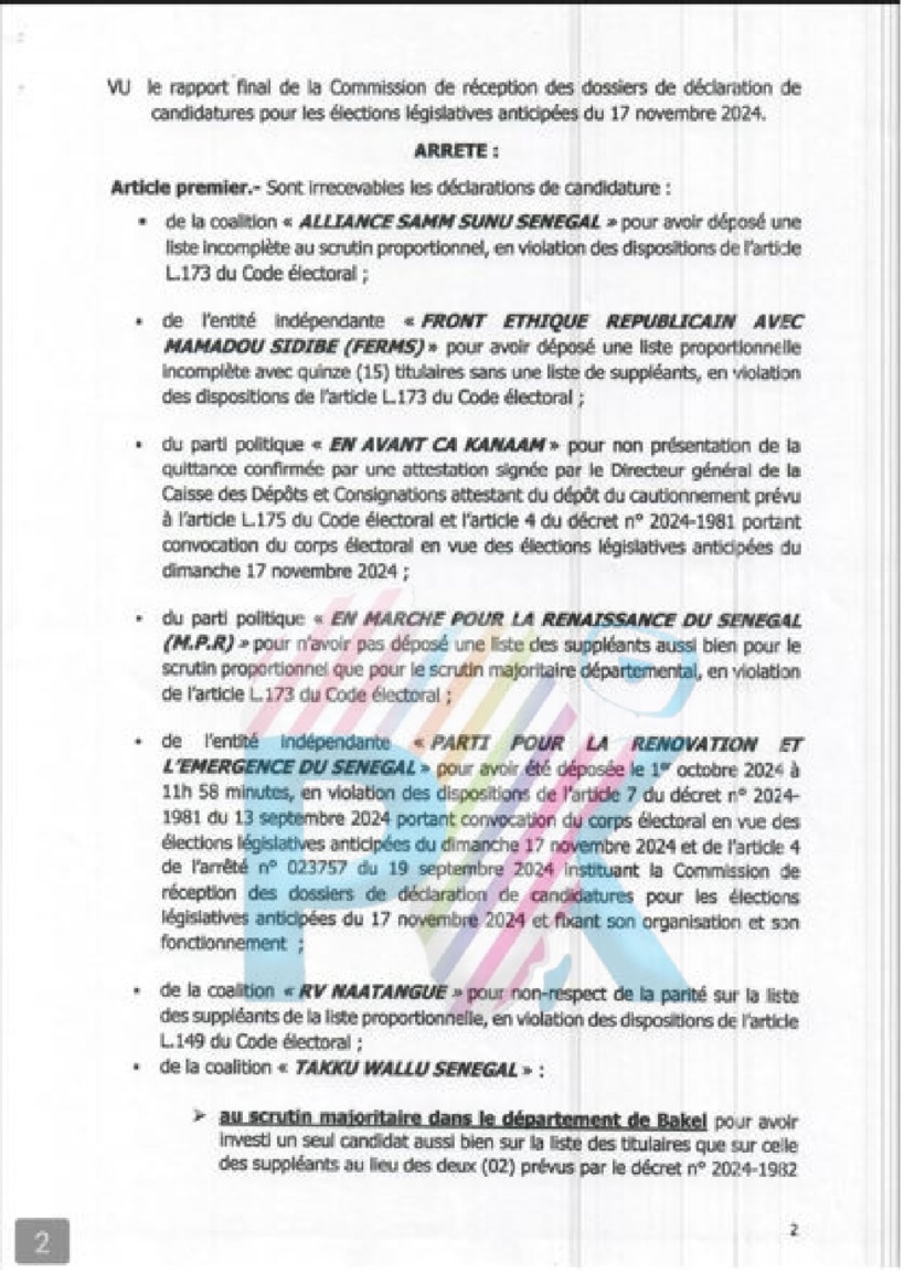 Exclusif - Arrêté ministériel: les listes départementales de Macky à Bakel et en Afrique de l'Ouest déclarées irrecevables pour les législatives 