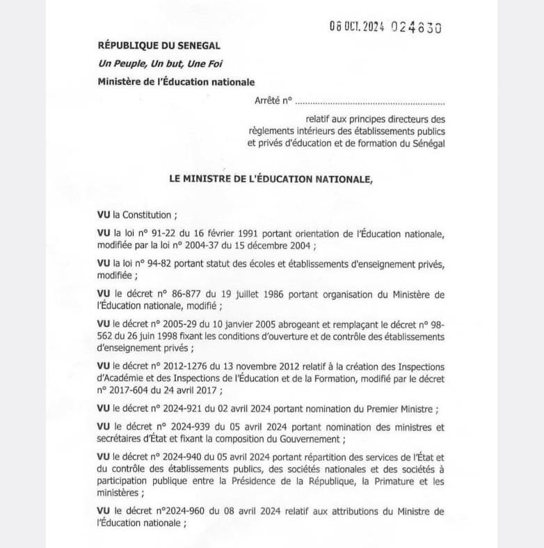 Principes directeurs des règlements intérieurs des établissements publics et privés du Sénégal : le ministère l'éducation divulgue l'arrêté