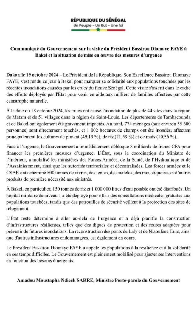 Inondations à Bakel : 774 ménages impactés, 150 tonnes de riz et 1 million de litres d’eau potable distribués (Porte-parole du gouvernement)