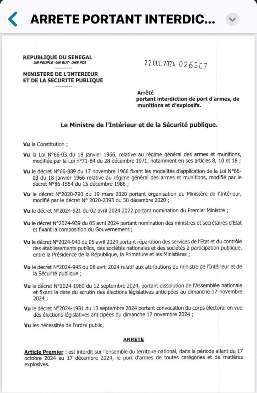 Ministère de l'Intérieur et de la Sécurité publique : publication de l'arrêté portant interdiction de port d'armes, de munitions et d'explosifs